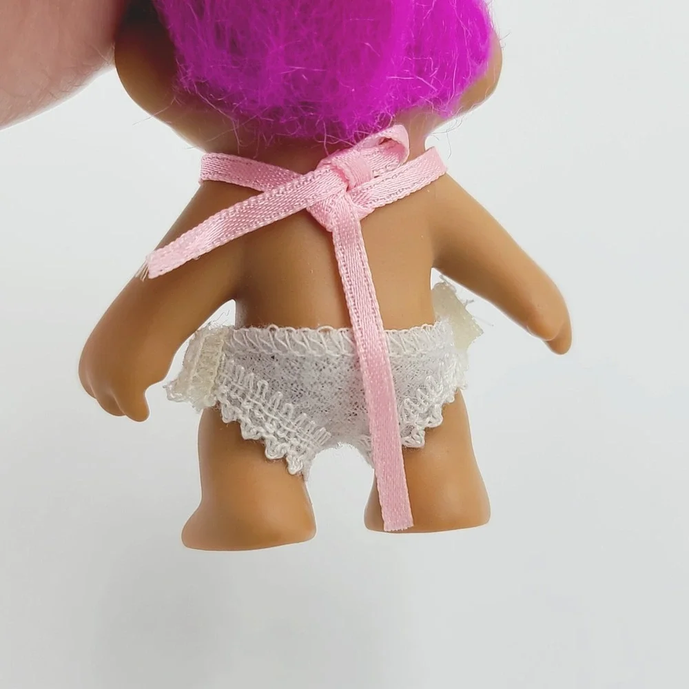 Vintage Russ Small Troll Doll Fuchsia Pink Hair Pink Bib White Diaper Baby 1990s